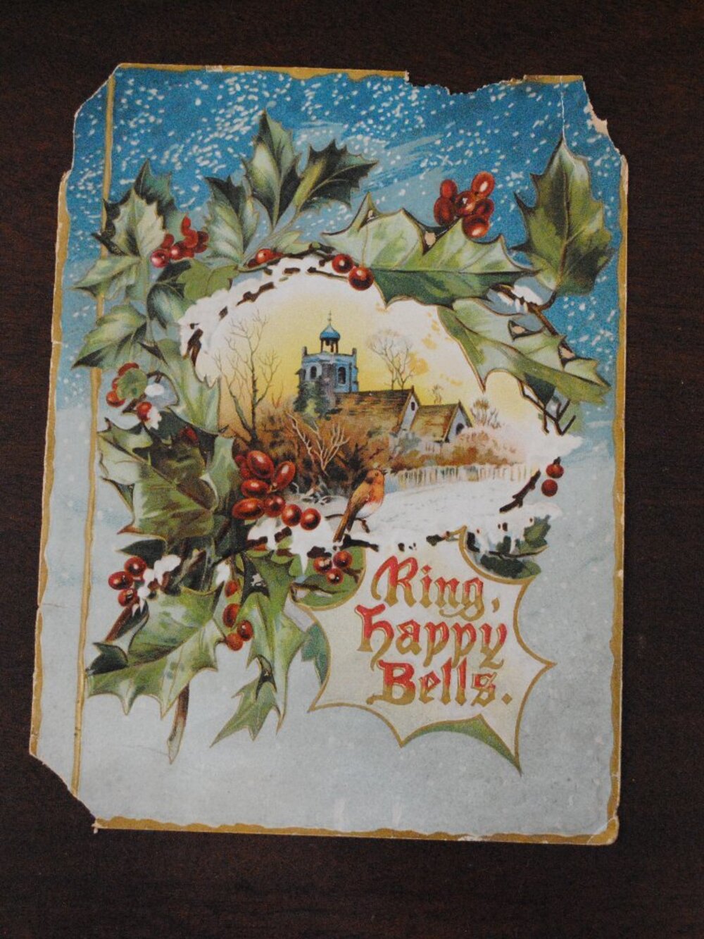 Antique Christmas "Ring Happy Bells" Print / Card Paper Ephemera